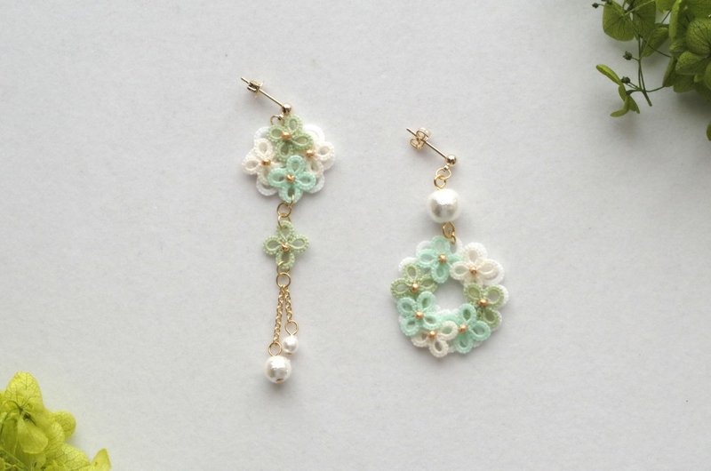 Tatting lace hydrangea and cotton pearl asymmetric earrings Annabelle - Earrings & Clip-ons - Cotton & Hemp Green