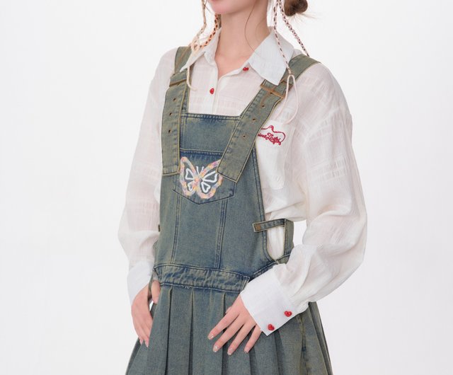 ziziFei spring and summer American retro design waist butterfly embroidery  medium and long pleated denim overalls skirt for women - Shop ziziFei One  Piece Dresses - Pinkoi