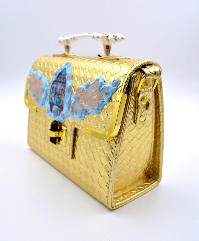 風のパターンは、金属製のハンドルと金色の天使宗教のレトロなハンドバッグをエンボス加工します - ショルダーバッグ - ポリエステル ゴールド