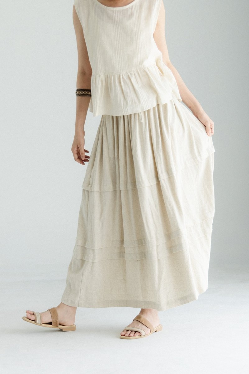 Linen design wide off-white skirt - ชุดเดรส - ผ้าฝ้าย/ผ้าลินิน ขาว