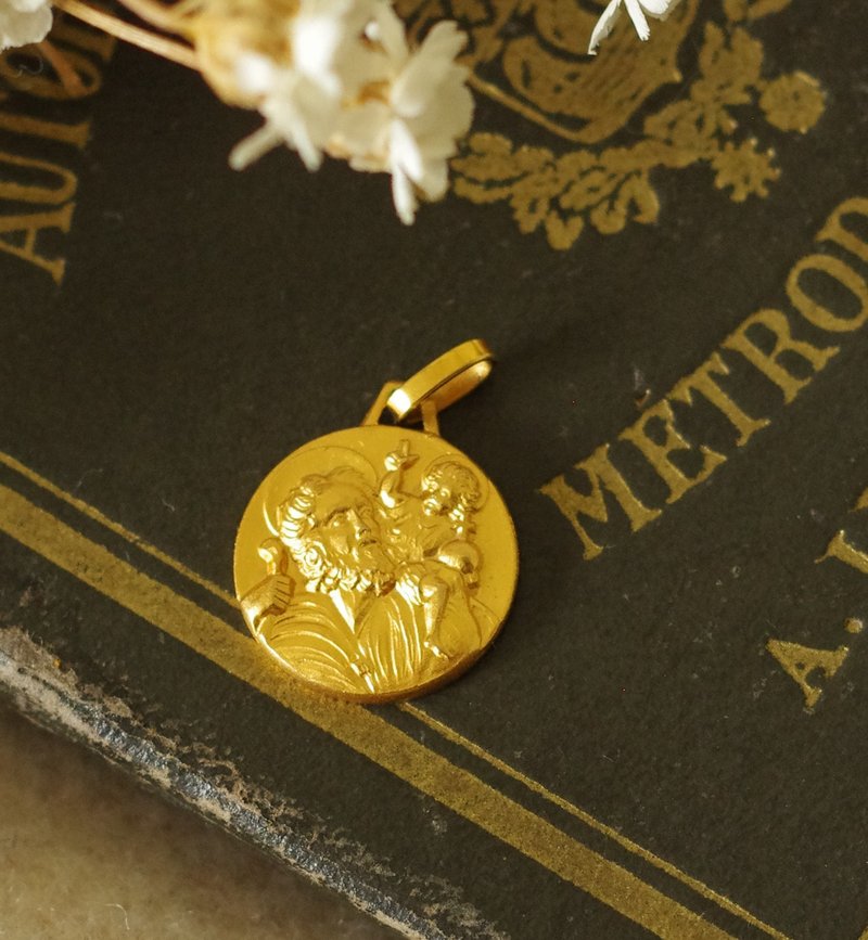 古董 聖克里斯多福Saint Christopher 法國 耶穌基督聖經老墜子 - 項鍊 - 其他金屬 金色