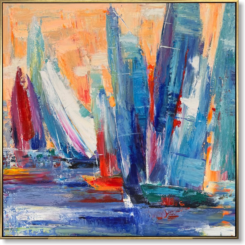 Large Colorful Boats Painting Abstract Seascape Art on Canvas Coastal Nautical - 壁貼/牆壁裝飾 - 壓克力 多色