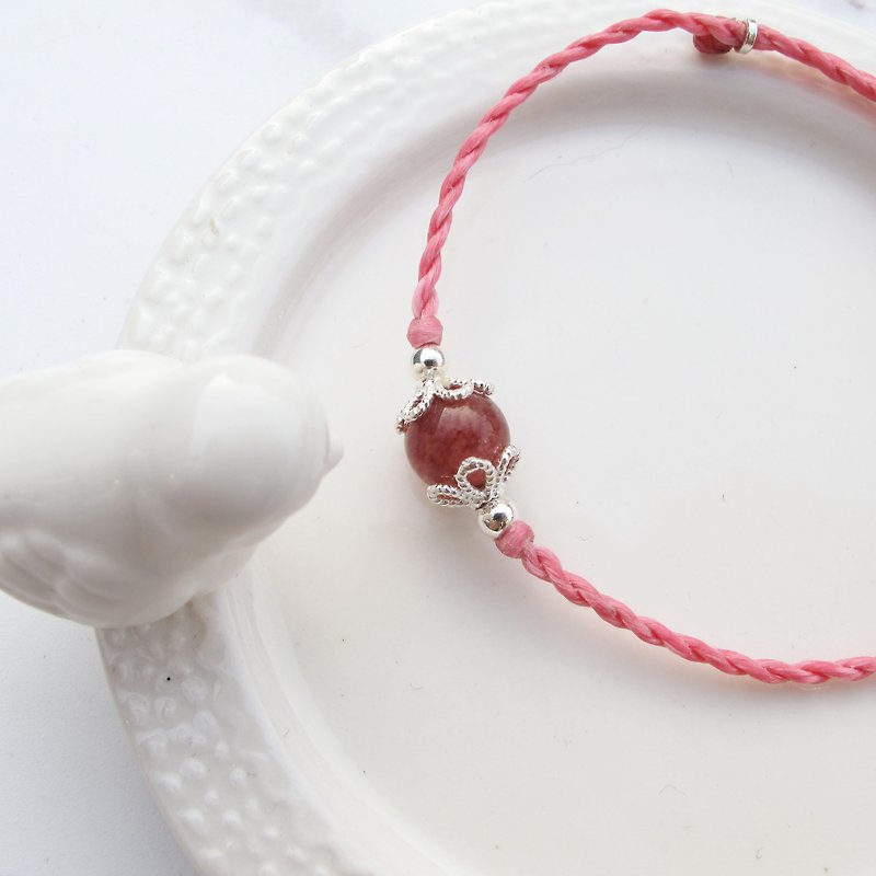Big staff Taipa [handmade silver] Strawberry crystal × sterling silver wax rope bracelet sterling silver peach marriage - สร้อยข้อมือ - เครื่องเพชรพลอย ขาว