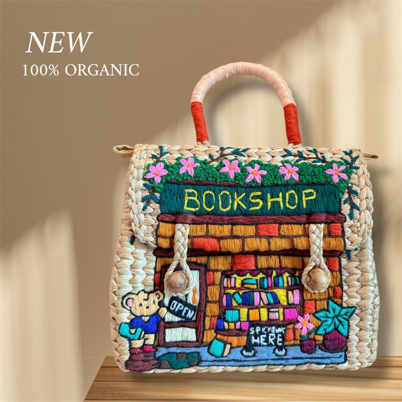 Water hyacinth woven bag, hand-embroidered with silk threads - 手提包/手提袋 - 繡線 