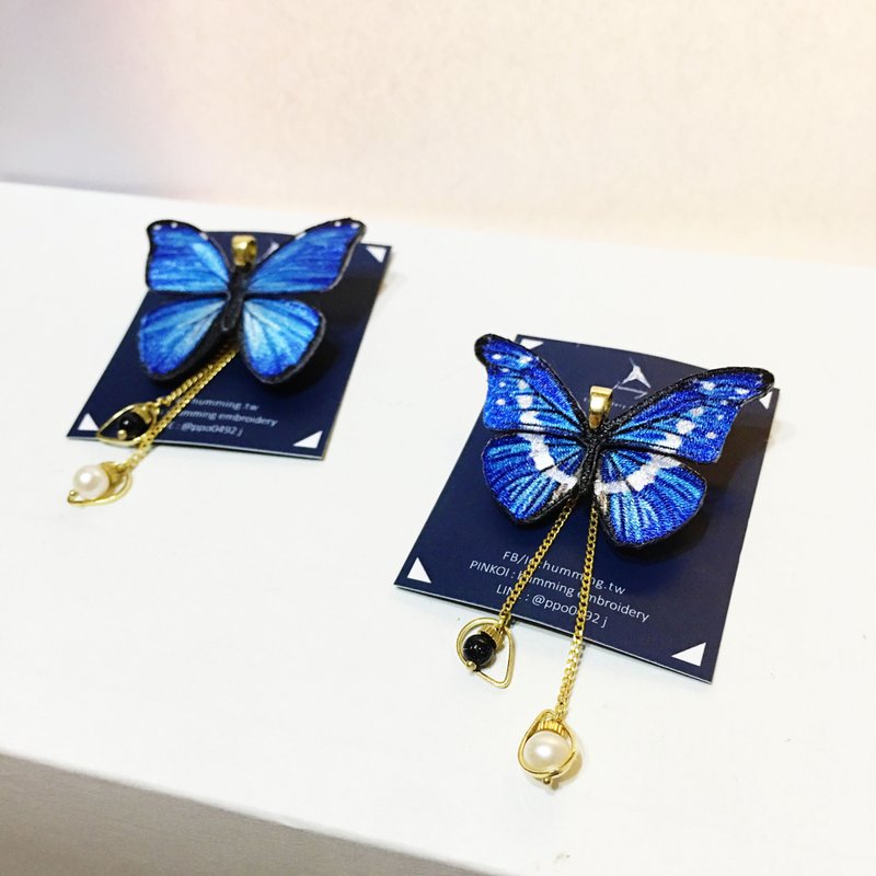 胸針 光明女神閃蝶 刺繡 手工 蝴蝶 珍珠 禮物 禮盒 生日 - 胸針 - 繡線 藍色