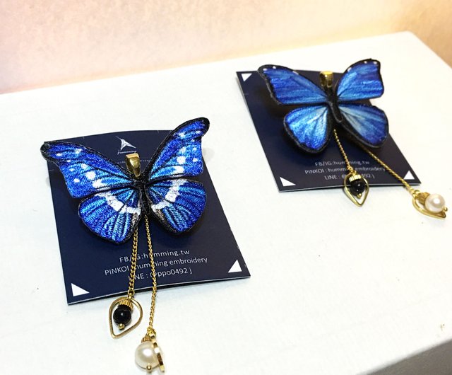 ブローチ、光の女神、モルフォ蝶刺繍、手作り蝶パールギフト