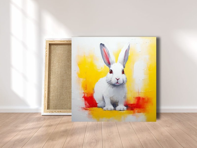 Rabbit original painting, bunny Animal wall art - โปสเตอร์ - ผ้าฝ้าย/ผ้าลินิน หลากหลายสี