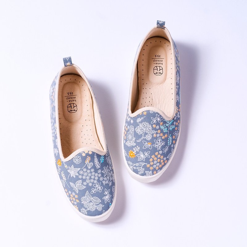 Lefu Day | Anniversary 10％割引。小さな春の花の靴。自然にかわいい。手塗り。籐の色 - スリッポン - コットン・麻 ブルー