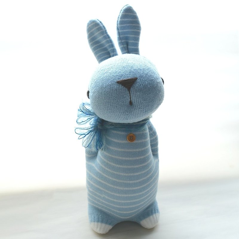 Fully hand-stitched natural-style sock doll ~ gray and blue striped Domi Rabbit - ตุ๊กตา - ผ้าฝ้าย/ผ้าลินิน สีน้ำเงิน