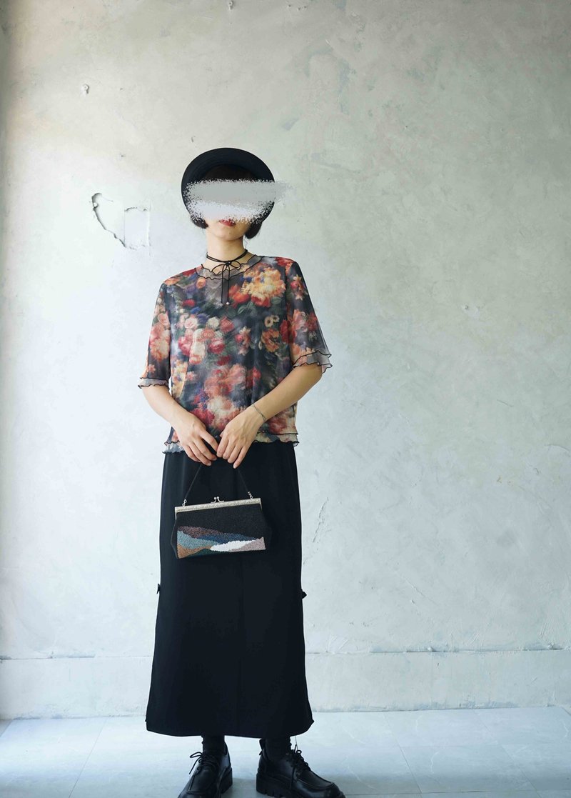 尋寶古著-殘影視覺雙層網紗古典花卉印花上衣 - 女上衣/長袖上衣 - 聚酯纖維 多色
