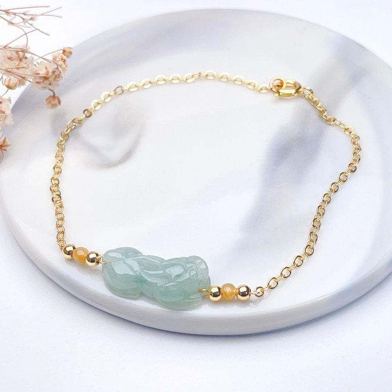 [Lucky Beast] Ice Green Pixiu Jade 14K Gold-filled Bracelet | Natural Burmese Jade A Grade | Gift - Bracelets - Jade Green