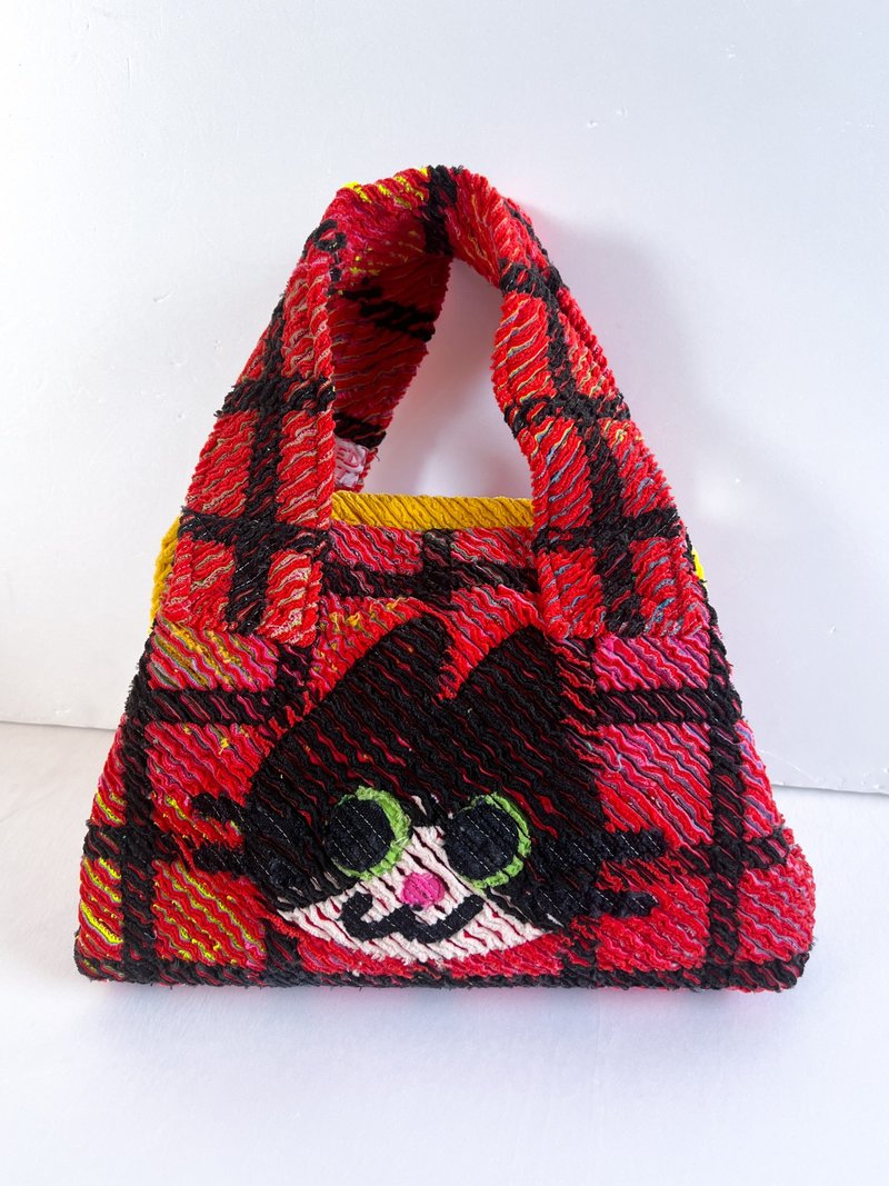 12/24 下午1點 (香港時間) 開始販售 / 波士頓包 / 虎斑貓與粉紅格紋 - 手袋/手提包 - 棉．麻 紅色