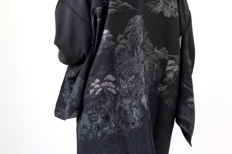 black glitter Kimono, EXCELLENT VINTAGE, haori, dead stock /4096 - เสื้อแจ็คเก็ต - ผ้าไหม สีดำ