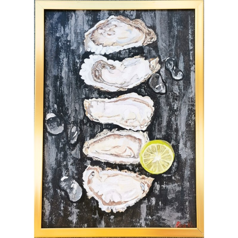 Oysters With Lemon Original Framed Wall Art Kitchen Painting By RinaArtSK - Wall Décor - Other Materials Multicolor