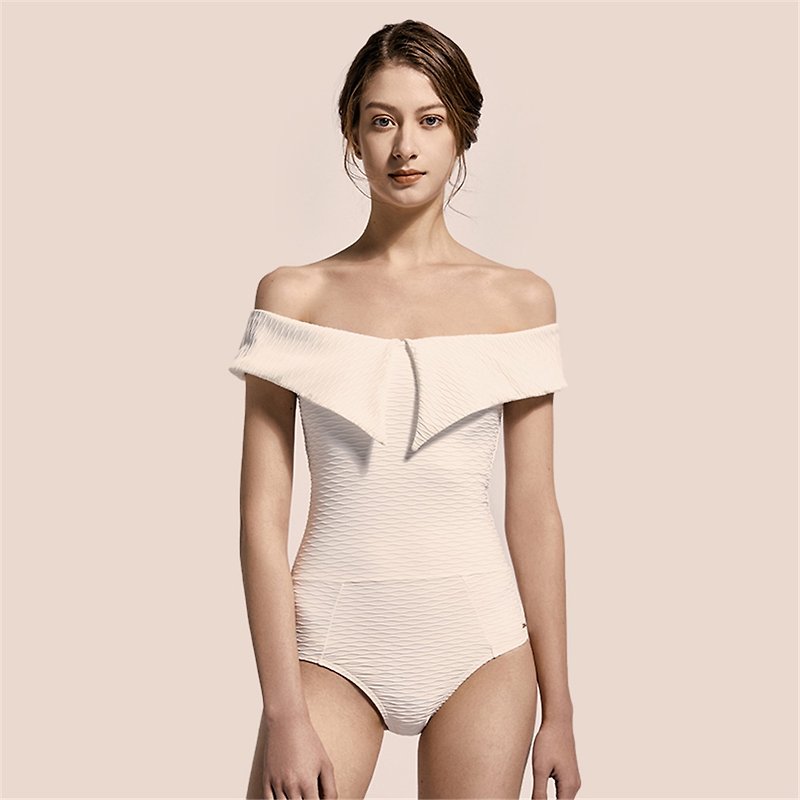 Circlesswim女新款泳衣一字肩針織水波螺紋連體性感保守顯瘦遮肚 - 泳衣/比基尼 - 其他材質 白色