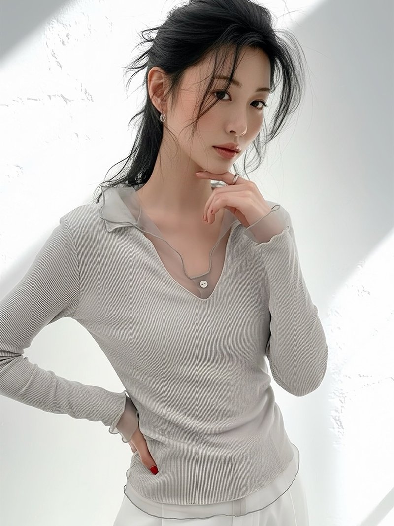 Moonsee 韓式氛圍感透視網紗針織開衫兩件套長袖上衣內搭V領T恤 - 女 T 恤 - 聚酯纖維 灰色