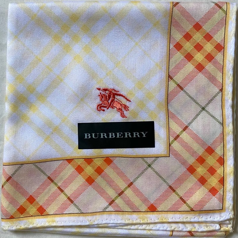 Vintage BURBERRY Yellow Orange Check Handkerchief Bandana Pocket Square Scarf - 手帕 - 棉．麻 紫色