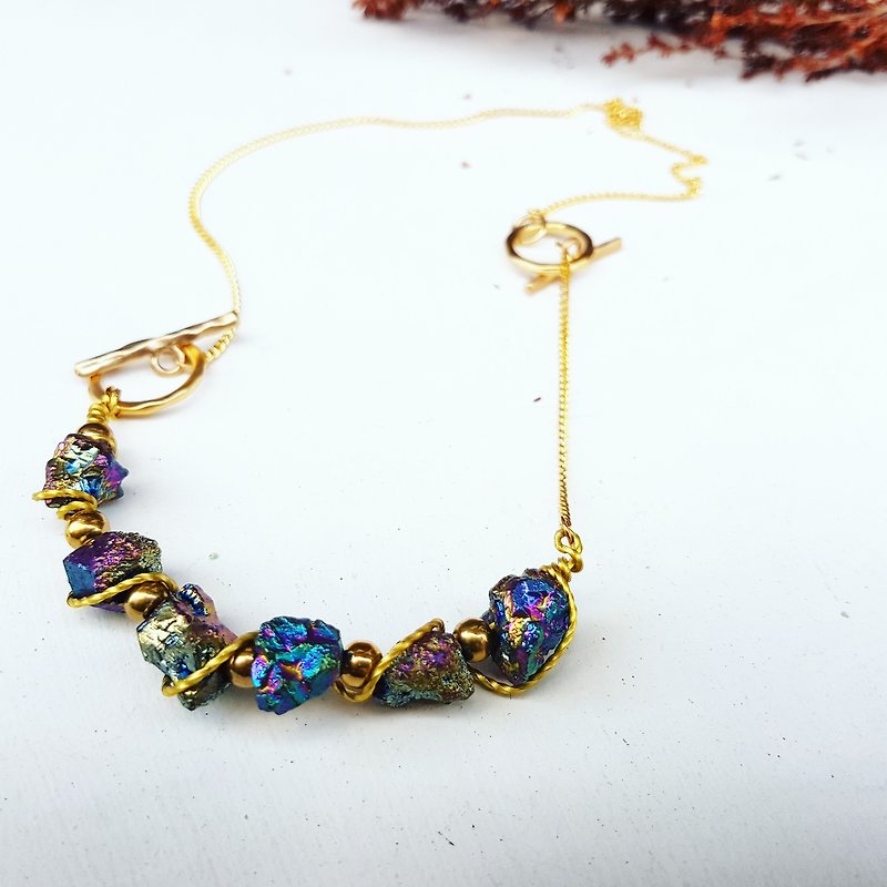 Copper hand made _ rainbow color quartz stone irregular shape _ necklace _ bracelet double use (large) - Necklaces - Gemstone Multicolor