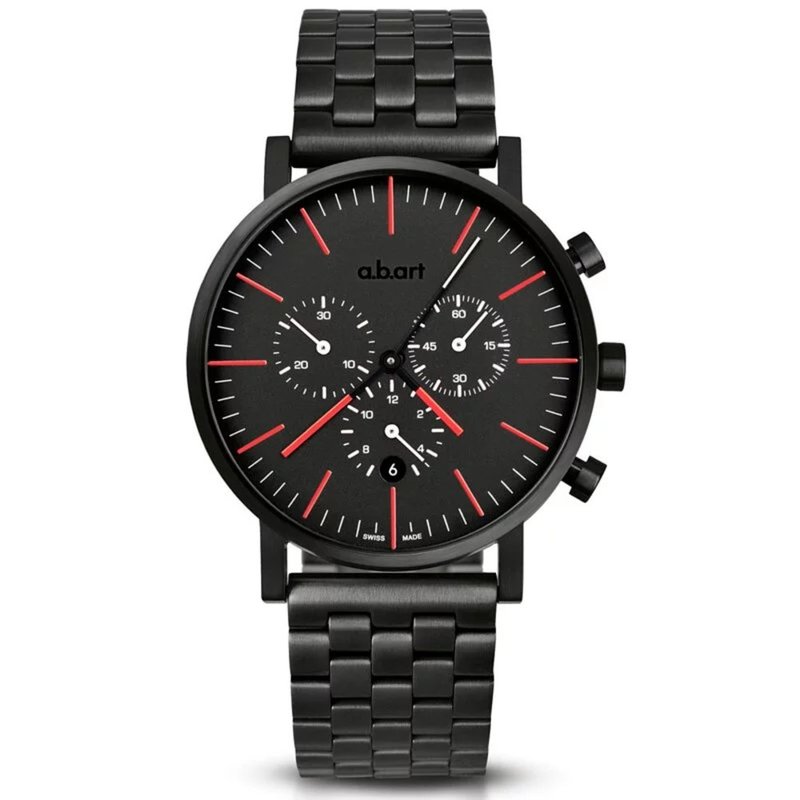 a.b.art 包浩斯極簡終極車隊三眼計時碼錶-黑紅不鏽鋼帶款OC150SB - 男裝錶/中性錶 - 不鏽鋼 黑色