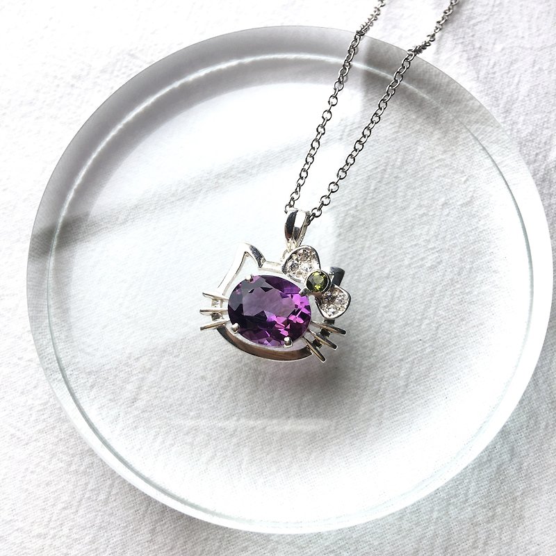 紫水晶925純銀小貓項鍊 尼泊爾手工銀飾 - 項鍊 - 寶石 銀色