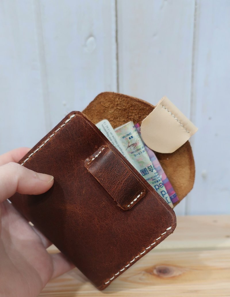 手縫いレッドブラウンクレイジーホースレザー二層財布/レザーショートクリップ小銭入れ - 財布 - 革 