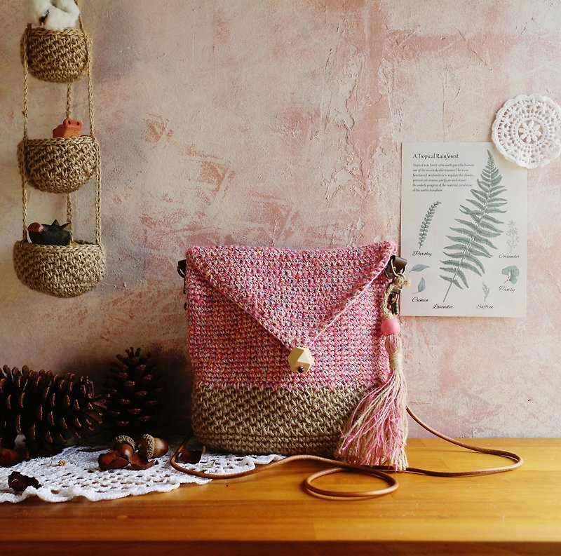 [Limited stock] Handmade handwoven/cross-body bag/ Linen bag/tassel/ Linen - Handbags & Totes - Cotton & Hemp Pink