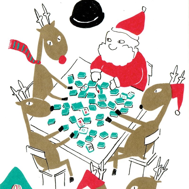 クリスマスカード-2019クリスマスポストカードNo.16：Mahjong Time - カード・はがき - 紙 レッド
