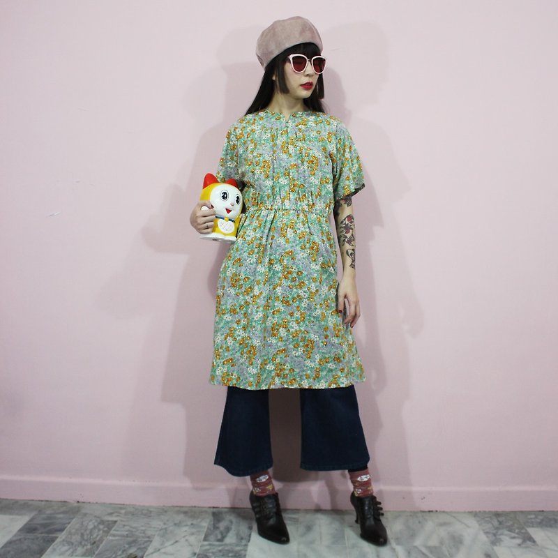 (Vintage dress) Prairie flowers cloth Japanese vintage dress (birthday gift) F3240 - One Piece Dresses - Cotton & Hemp Green