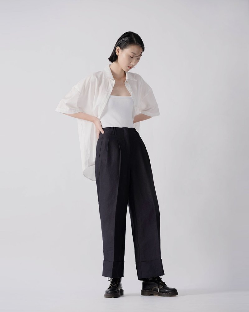 Reverse pleated Linen wide trousers - กางเกงขายาว - ลินิน สีน้ำเงิน