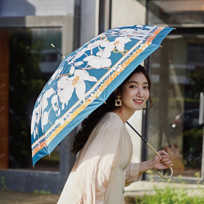 Flower silk scarf anti-UV golden handle elbow straight umbrella - ร่ม - วัสดุอื่นๆ สีน้ำเงิน