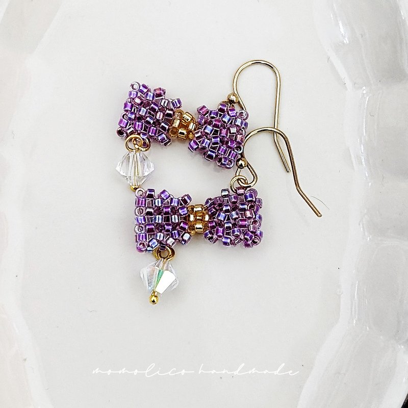 Beaded crochet embroidered bow earrings convertible to clip-on style - Earrings & Clip-ons - Other Materials Purple