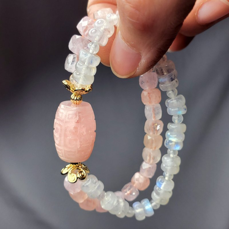 頂級橘摩根石 回紋 藍月光石 富貴 優雅 2股手鍊 單品 禮物 - 手鍊/手環 - 寶石 粉紅色