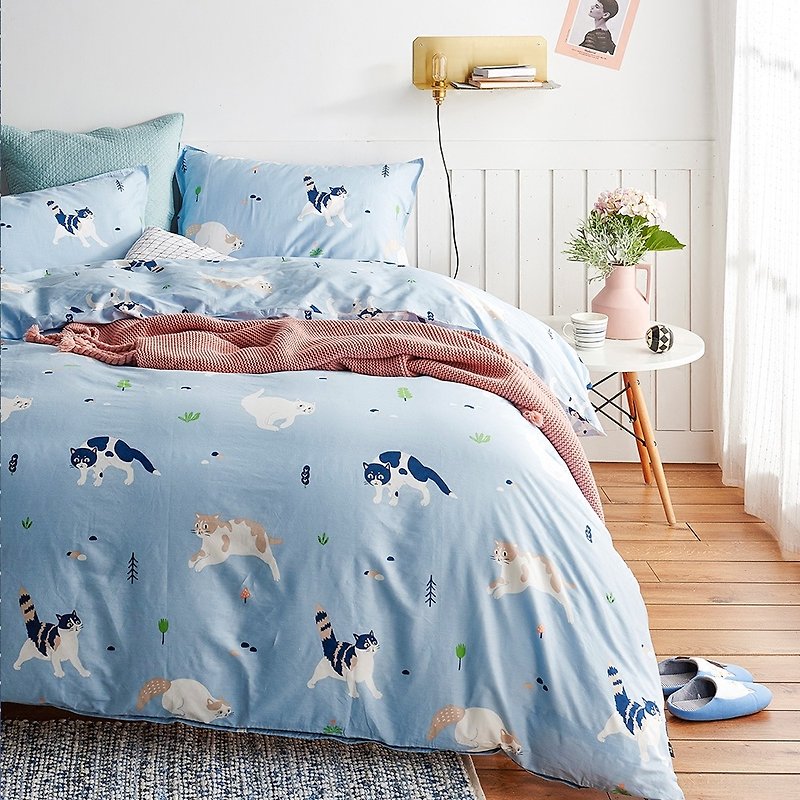 動動喵 枕套+被套兩件組 單人雙人原創手繪貓咪40支純棉 床包另購 - 寢具/床單/被套 - 棉．麻 藍色