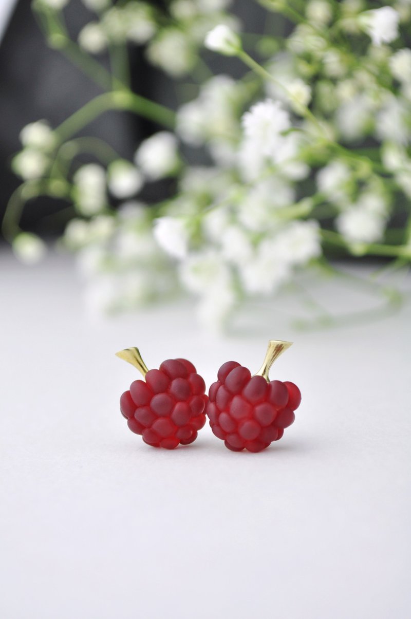 Mat red raspberry earrings Kawaii studs Fruit earrings Real food jewelry Gift - Earrings & Clip-ons - Glass Red