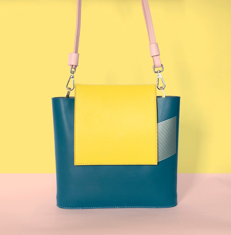 Original design geometry and shadow Leather Handmade bag - กระเป๋าแมสเซนเจอร์ - หนังแท้ สีเหลือง