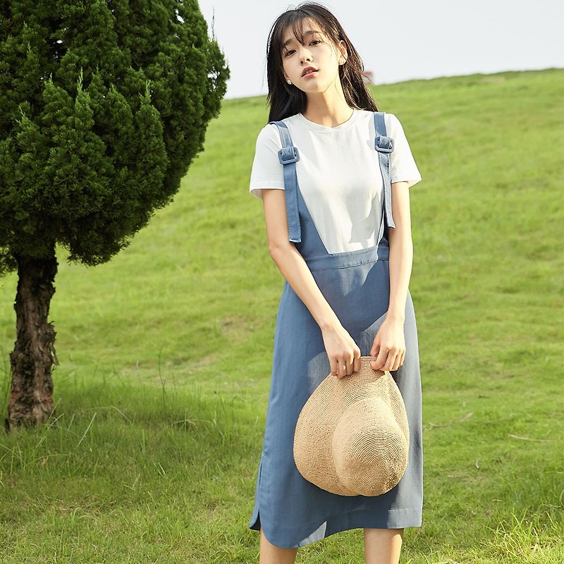 安妮陳2017夏裝新款女士純色開衩背帶裙 - 裙子/長裙 - 其他材質 藍色