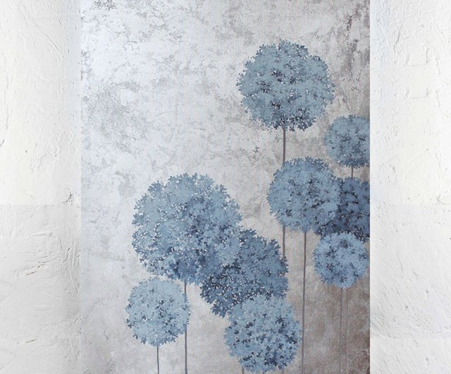 絵画　青と植物 アリウムの油絵 | 青い花の絵画 |シルバーの壁アート | フラワー