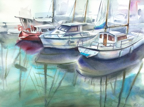 WallArtHome Boats original watercolor painting by artist Irina Zhunaeva