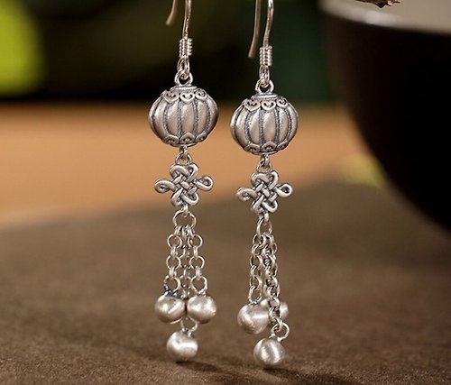 garyjewelry Ethnic Tassels Long Earrings for Women 925 Silver China Knots Handmade Jewelry