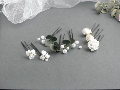 FloralAccessoriesUA White flower hair pins Eucalyptus bridal hair piece Floral hair piece pearl