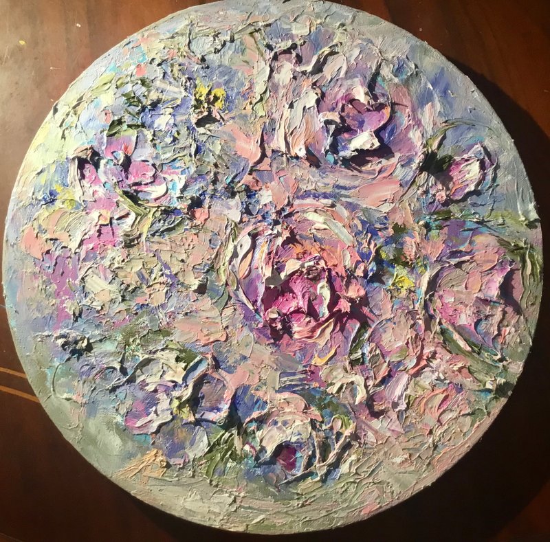 Abstract roses original oil painting on round canvas - 壁貼/牆壁裝飾 - 其他材質 粉紅色