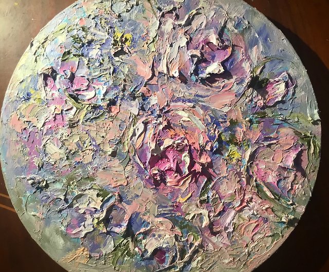 Abstract roses original oil painting on round canvas - 設計館Ka 