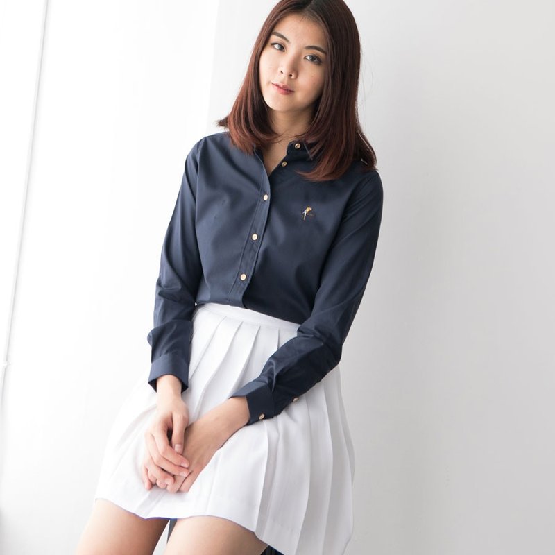 เสื้อเชิ้ตหญิง: ทรงสลิม-ปกธรรมดา - เสื้อเชิ้ตผู้หญิง - ผ้าฝ้าย/ผ้าลินิน สีน้ำเงิน