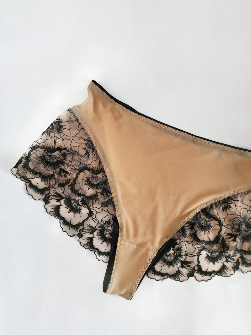High waist culotte panties - Floral lace lingerie - Women's sexy underwear - 女內衣褲 - 聚酯纖維 咖啡色