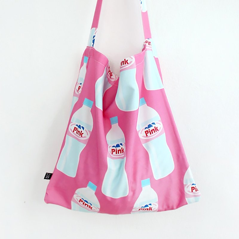 Pink water bottle side back eco bag canvas bag large storage - Messenger Bags & Sling Bags - Paper Pink