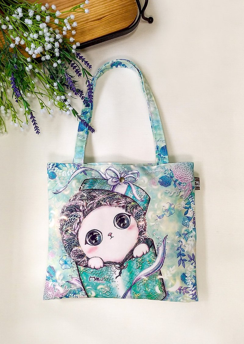 Good lightweight small bag / shopping bag / lunch bag - gift cat - กระเป๋าแมสเซนเจอร์ - ผ้าฝ้าย/ผ้าลินิน สีเขียว