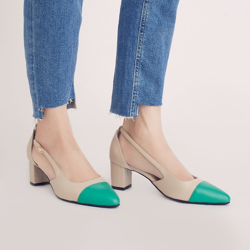 Elegant micro-pointed toe! Tiramisu two-tone mid-heel shoes green × rice full leather MIT cool mint - รองเท้าส้นสูง - หนังแท้ สีเขียว