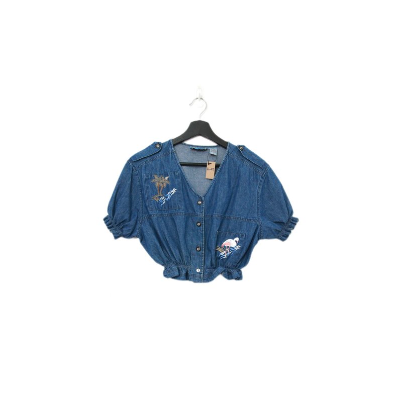 Back to Green-再製刺繡丹寧 椰子樹 紅鶴dv-47//vintage shirt - 女襯衫 - 棉．麻 