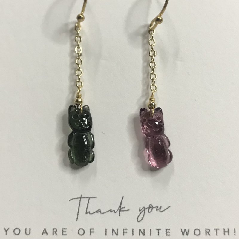 招財旺夫水晶I碧璽電氣石Tourmaline14K耳環I高淨貓咪I情人節禮物 - 耳環/耳夾/耳骨夾 - 水晶 