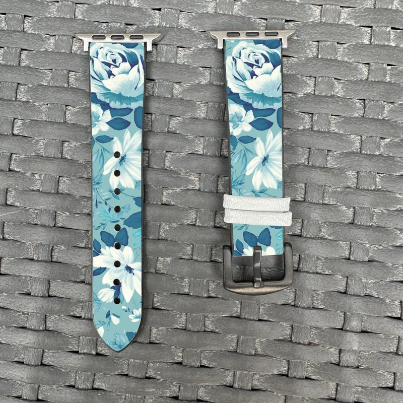 藍色玫瑰花紋 Apple Watch 潮流矽膠錶帶 - floral-cr3 - 錶帶 - 矽膠 多色